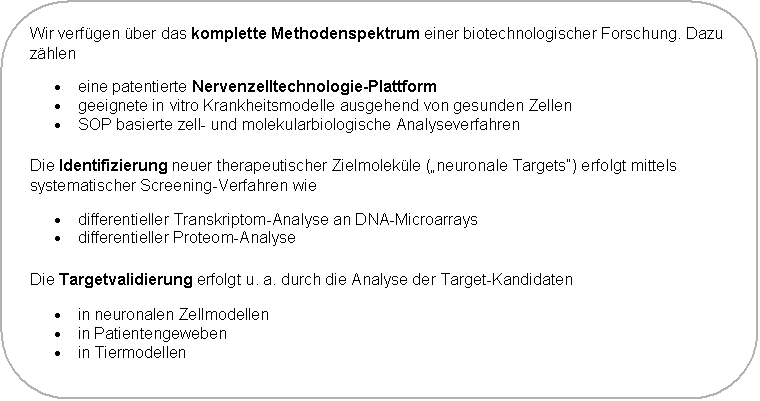 Abgerundetes Rechteck: Wir verf�gen �ber das komplette Methodenspektrum einer biotechnologischer Forschung. Dazu z�hlen
�	eine patentierte Nervenzelltechnologie-Plattform
�	geeignete in vitro Krankheitsmodelle ausgehend von gesunden Zellen
�	SOP basierte zell- und molekularbiologische Analyseverfahren
Die Identifizierung neuer therapeutischer Zielmolek�le (�neuronale Targets�) erfolgt mittels systematischer Screening-Verfahren wie
�	differentieller Transkriptom-Analyse an DNA-Microarrays
�	differentieller Proteom-Analyse
Die Targetvalidierung erfolgt u. a. durch die Analyse der Target-Kandidaten
�	in neuronalen Zellmodellen
�	in Patientengeweben
�	in Tiermodellen
